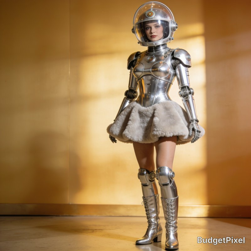 Retro-futuristic woman in polished silver robotic space suit and fluffy mini skirt, posed against...