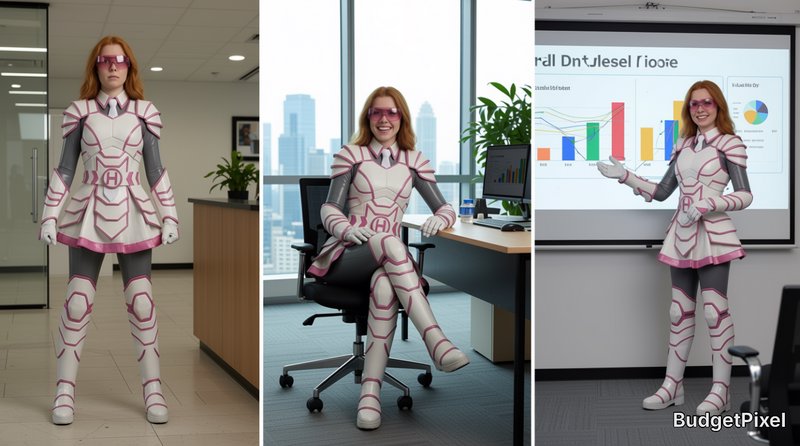 3-panel triptych of a red-haired superhero in white-pink armor working in a modern office, standi...