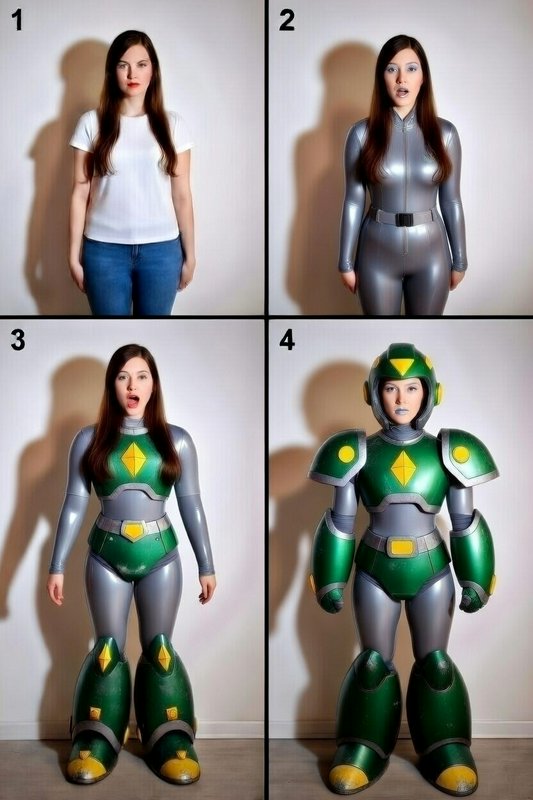 4-panel sequence showing a woman transforming from casual clothes into a full green and grey retr...