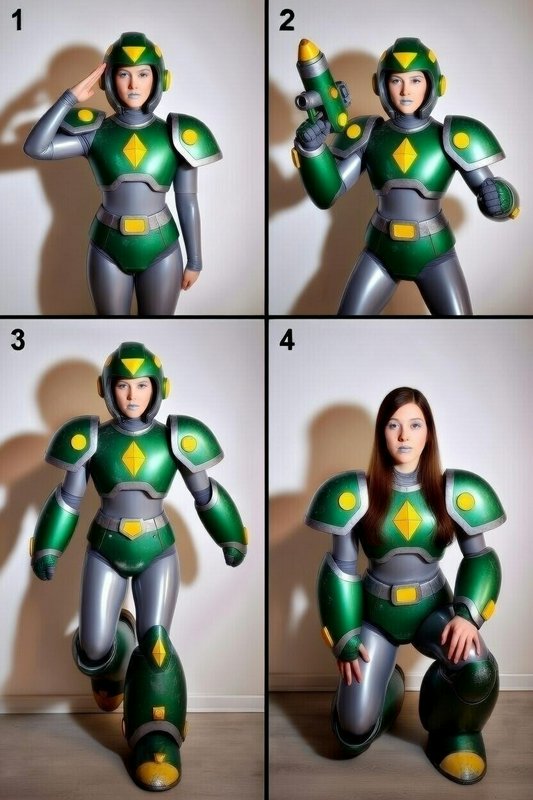 4-panel grid of a woman in green Mega Man-style robot cosplay, showing poses from saluting to unh...