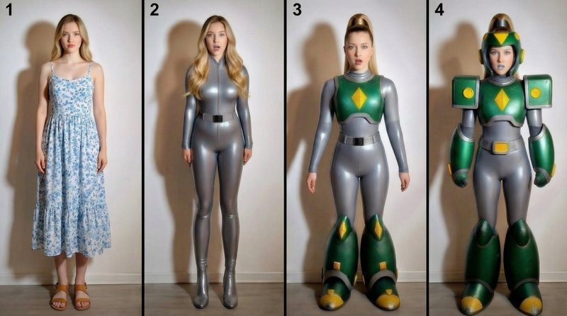 4-panel step-by-step sequence showing a woman transforming from casual dress to a fully armored g...