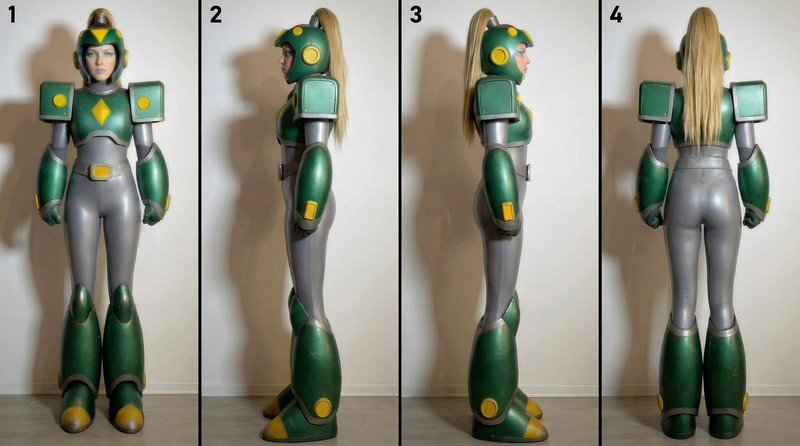 Four-angle turnaround showing front, side, and back views of a female Mega Man-style armored cosp...