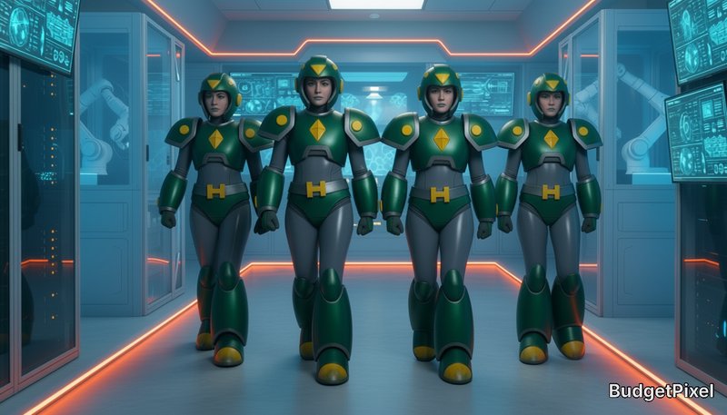 Four matching green armored futuristic soldiers walk in formation down a neon-lit sci-fi starship...