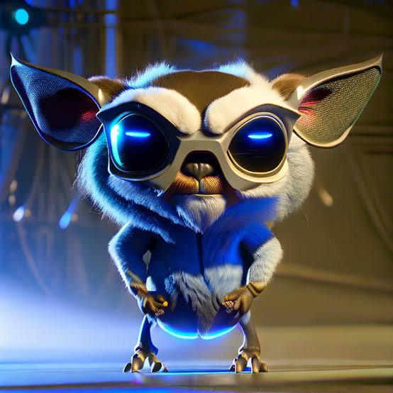 Fluffy cyberpunk gremlin creature with glowing blue tech goggles stands in a futuristic sci-fi la...