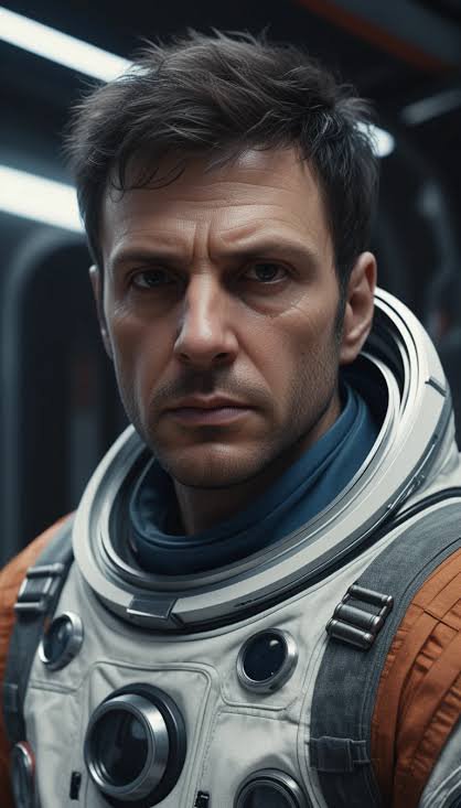 Close-up portrait of a serious male astronaut in a detailed spacesuit inside a futuristic spacecr...