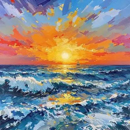 Textured impasto seascape painting of bright sunset over choppy ocean waves, with a lone sailboat...