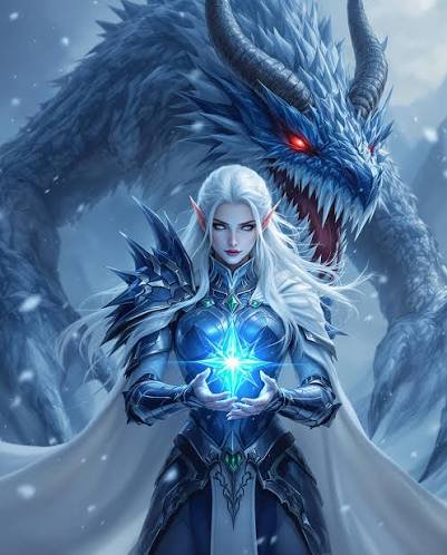 White-haired elven ice mage holds glowing ice magic, with a fierce horned blue frost dragon loomi...