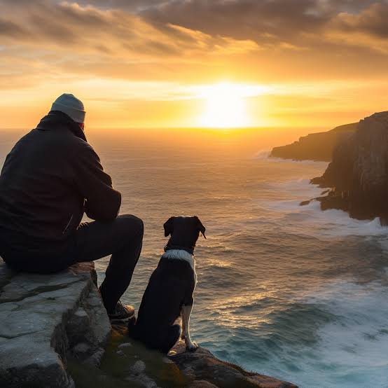 Man and his black and white dog sit on a rocky coastal cliff overlooking the ocean at golden sunset.