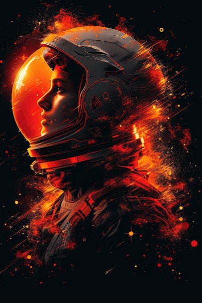 Side profile of an astronaut in a space helmet, surrounded by glowing fiery orange cosmic particl...