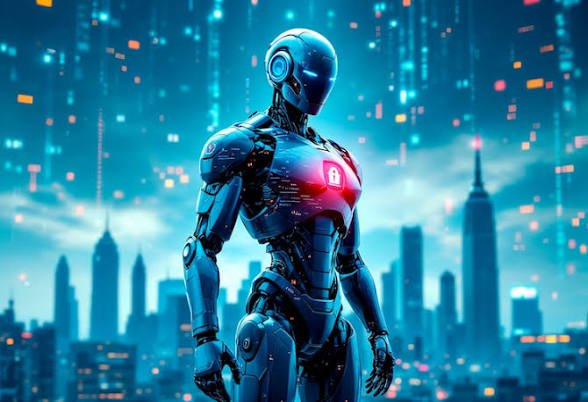 Sleek futuristic humanoid robot with a glowing red padlock icon stands against a neon cyberpunk c...