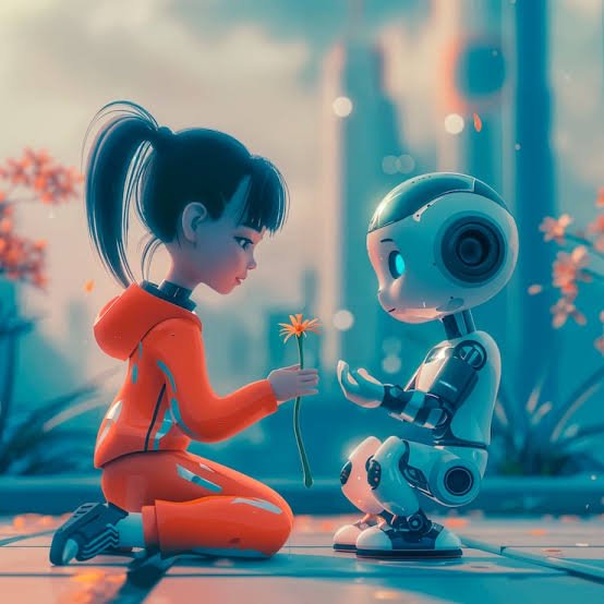 An animated girl in an orange tracksuit kneels offering a flower to a small friendly robot in a f...