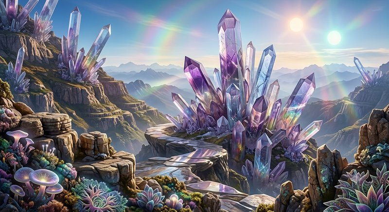 Towering iridescent amethyst crystal clusters grow on a magical fantasy mountain landscape with g...