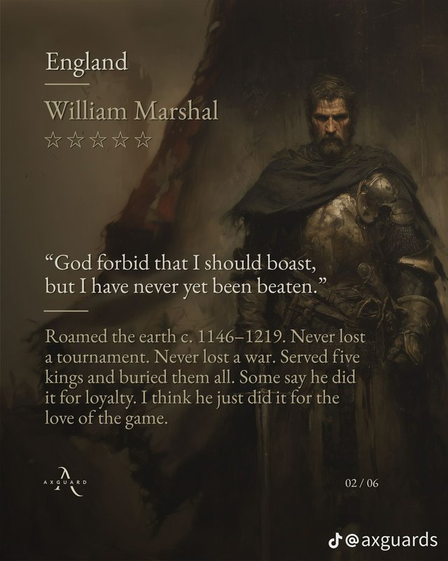 Pained portrait of stoic medieval English knight William Marshal, paired with his quote and biogr...