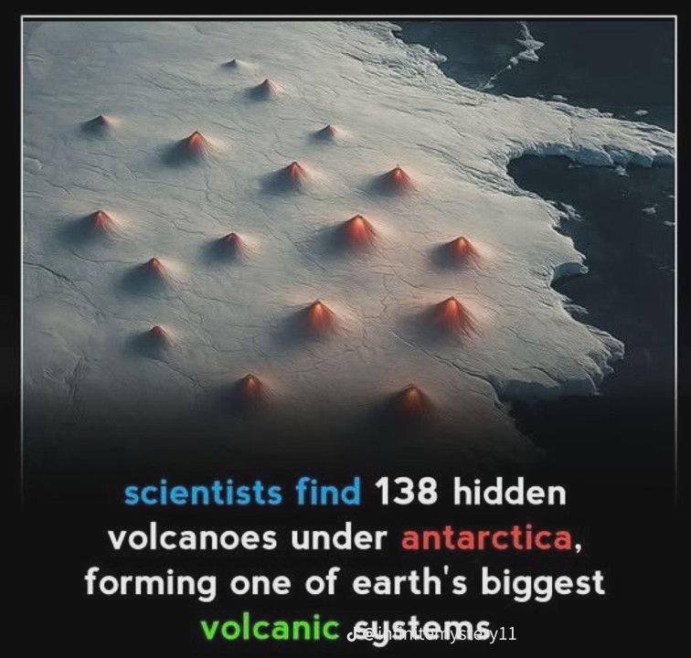 Infographic illustration of subglacial volcanoes under the Antarctic ice sheet, with text detaili...