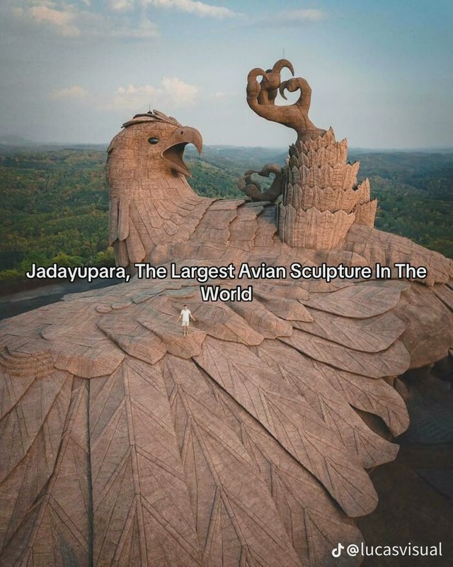 Aerial view of the massive Jadayupara avian sculpture, with a person standing on its wing for scale, overlooking forested ...