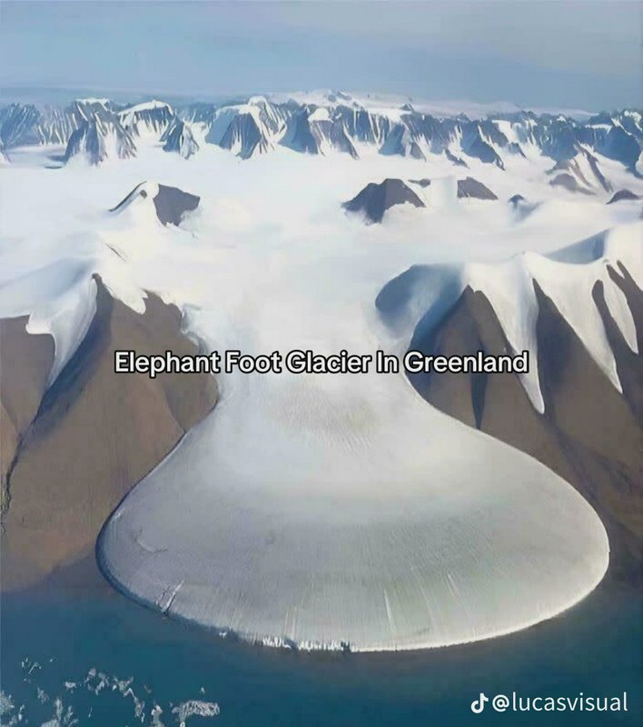 Aerial view of the distinctive rounded Elephant Foot Glacier, a unique natural ice formation set ...