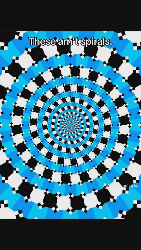 Geometric optical illusion of concentric tiled rings that appear to be a spiral, with top text re...