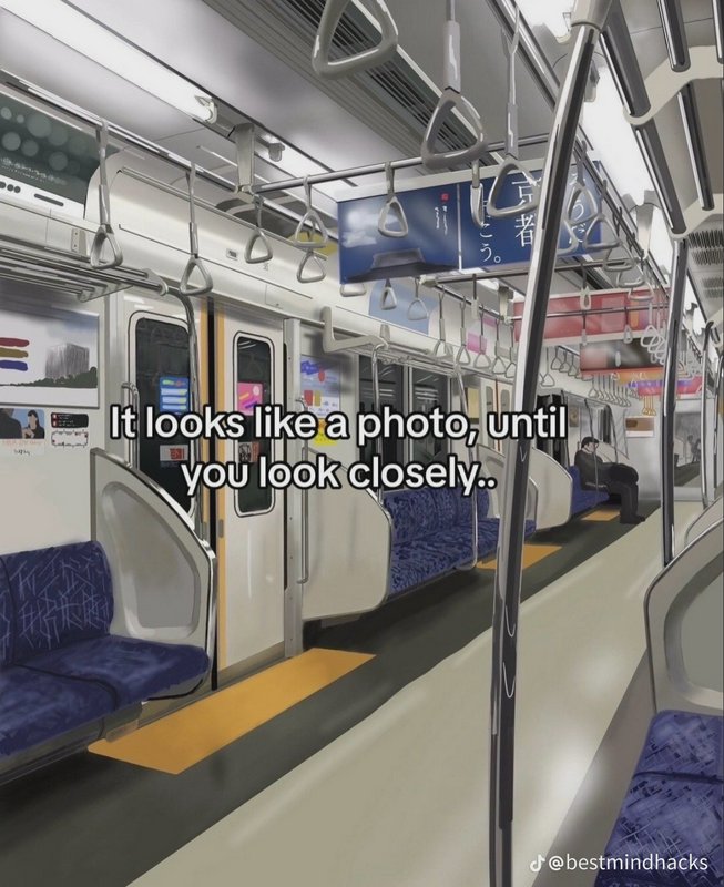 Hyperrealistic digital illustration of a Japanese subway train interior, with overlaid text notin...