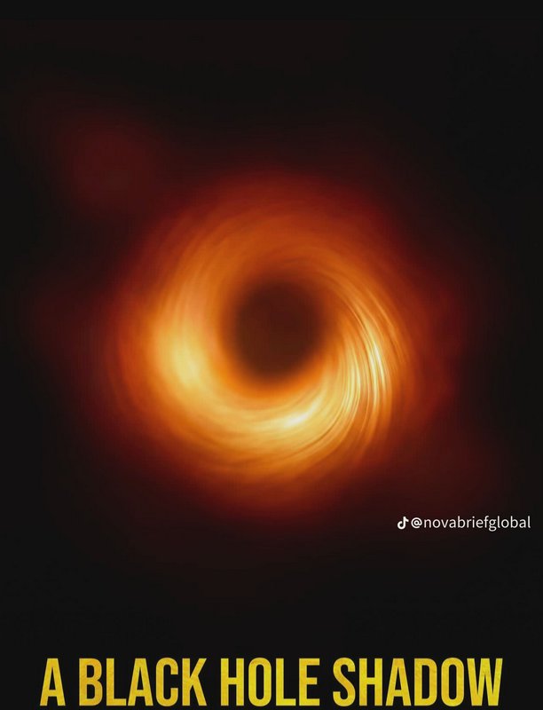 Illustration of a swirling glowing orange black hole accretion disk, labeled "A BLACK HOLE SHADOW...