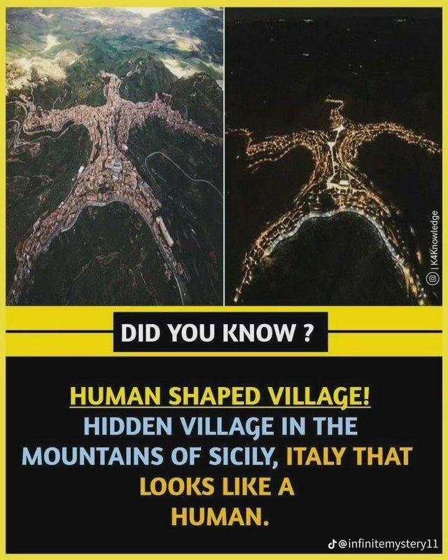 Infographic with side-by-side day/night aerial views of the human-shaped mountain village of Cent...
