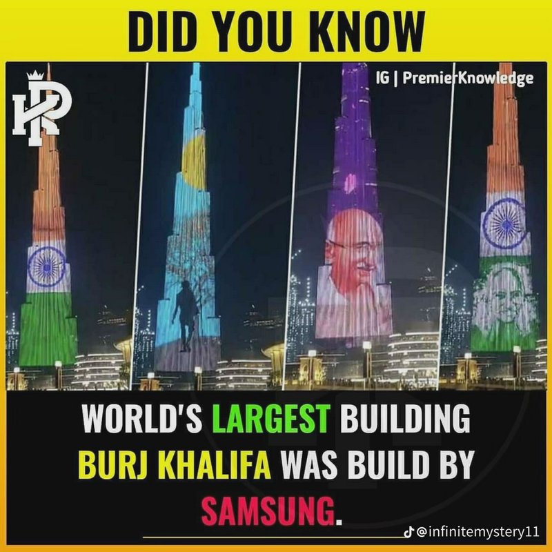Trivia infographic showing Burj Khalifa night light projections, stating the world's tallest towe...