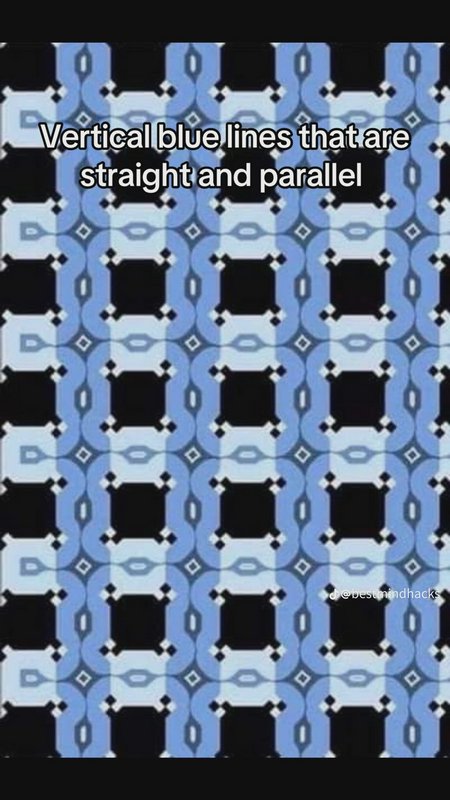 Optical illusion graphic with repeating blue, black, pale geometric pattern, overlaid text noting...