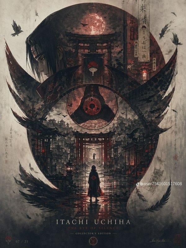 Stylized Itachi Uchiha Naruto fan art arranged in a Sharingan motif with crows, torii gates, and ...