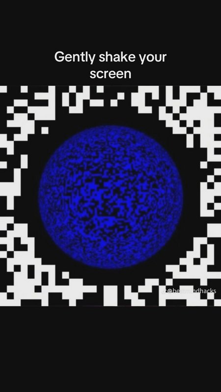 Interactive optical illusion graphic with text "Gently shake your screen", central blue textured ...