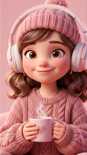 Cute 3D animated girl in pink beanie and headphones holding a steaming heart mug against a soft p...