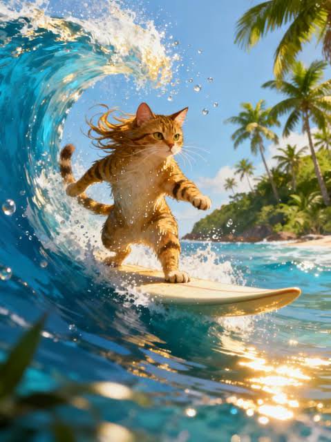 Orange tabby cat balances on a surfboard riding a curling turquoise wave at a sunny tropical palm...