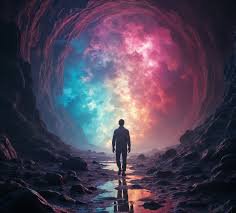 Silhouetted person stands facing a swirling colorful cosmic portal at the end of a rocky cave wit...