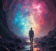 Silhouetted person walks through a rocky cave toward a vibrant swirling nebula sky, on a reflecti...