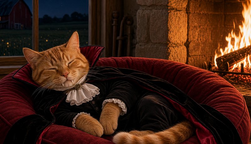 Orange tabby cat in a Dracula vampire costume napping on a plush red bed next to a glowing cozy f...