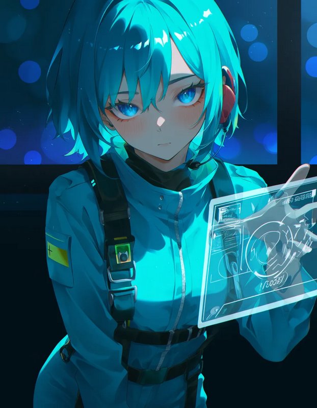 Anime-style blue-haired character in teal uniform examining a holographic interface.