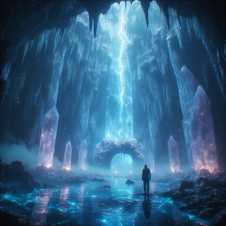 A lone silhouetted figure stands in a magical underground crystal cave, with glowing blue crystal...