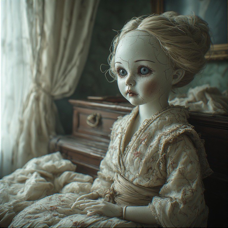 Cracked vintage porcelain doll with blue eyes and a lace gown, seated on an antique wooden dresse...