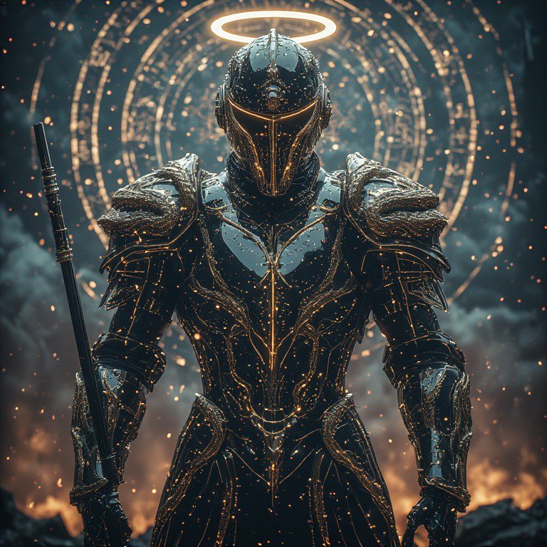Black and gold armored sci-fi holy knight with a golden halo, holding a staff, standing before a ...