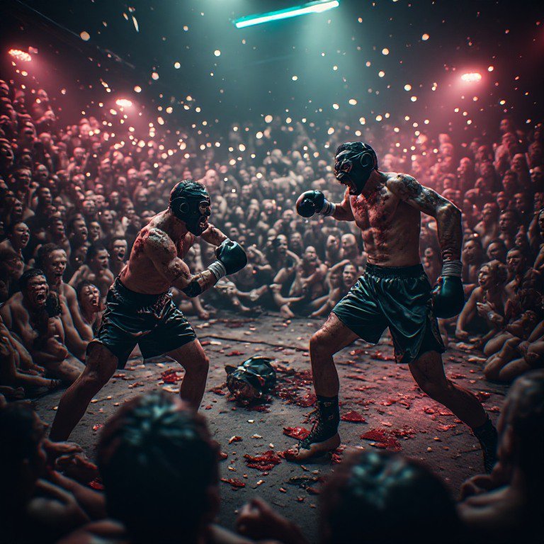 Two masked luchador boxers brawl in a bloody underground pit match, a third fighter’s discarded m...