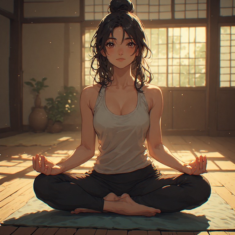 Anime-style woman meditating in a sunlit room, seated in a cross-legged pose on a mat.