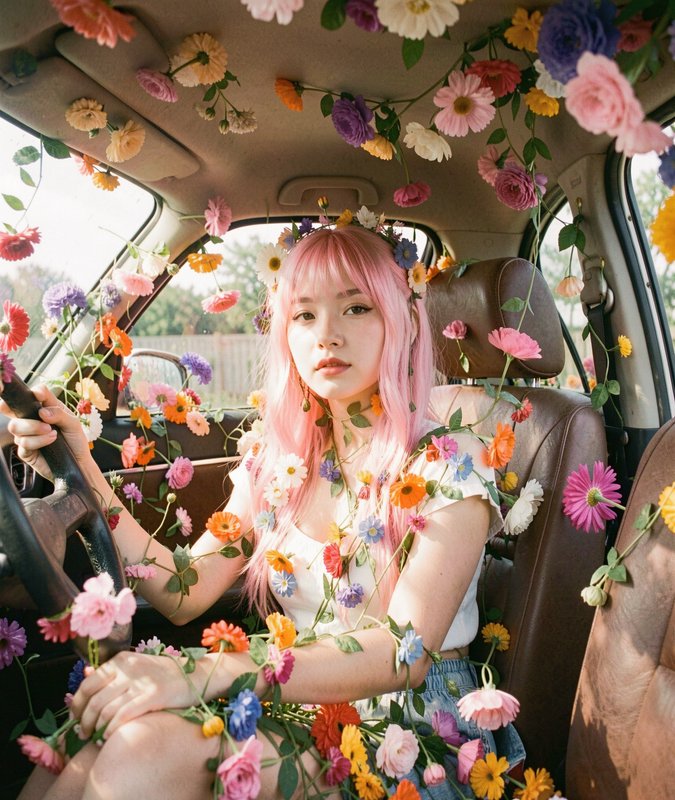 Young woman with pink hair in a car wrapped in colorful flowers and garlands.