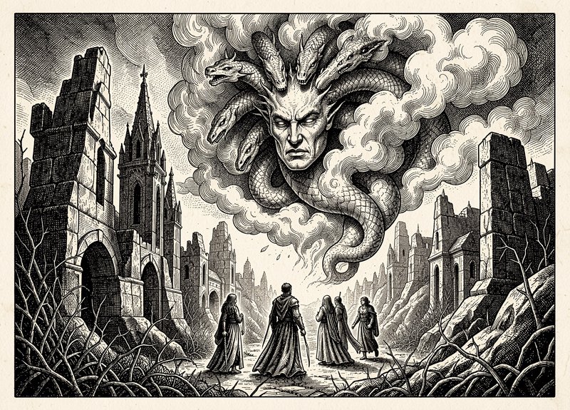 Pen and ink fantasy engraving of adventurers confronting a floating multi-headed serpent demon ab...