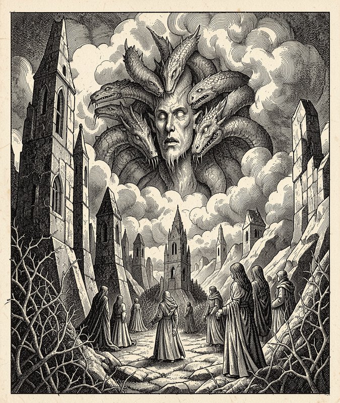 Surreal vintage engraving of a multi-headed hydra monster towering over robed pilgrims in a gothi...