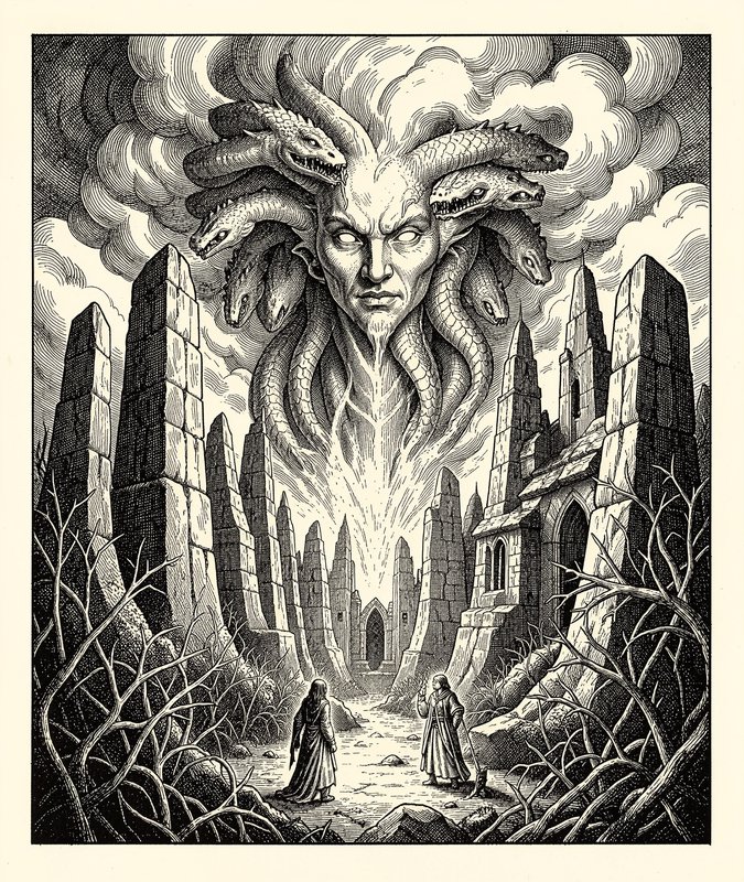Pen and ink fantasy art of a multi-headed serpent god looming over robed travelers in crumbling a...