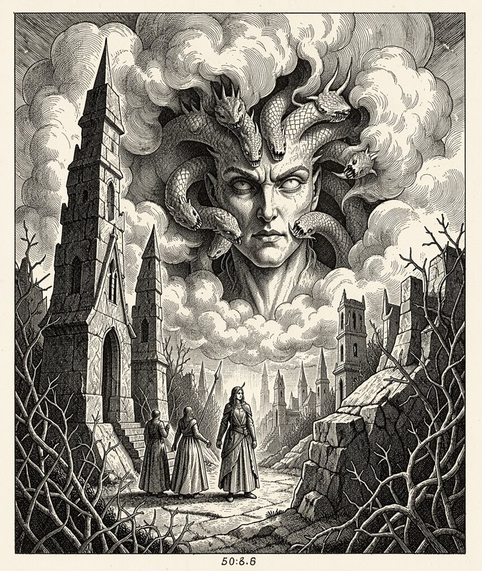 Black and white engraved fantasy art of serpent-crowned gorgon deity looming over travelers in a ...