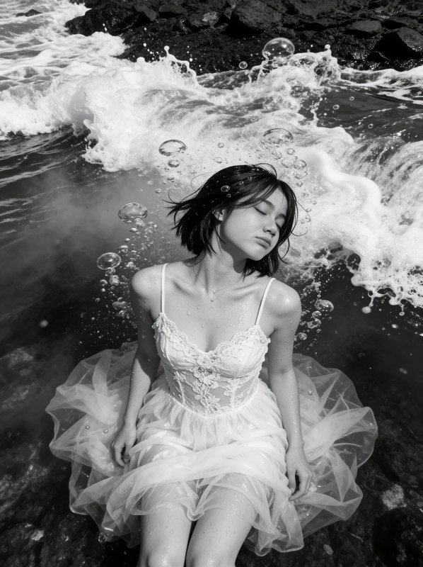 Black and white portrait of serene young woman in lace tulle dress sitting in crashing ocean surf, eyes closed, bubbles fl...