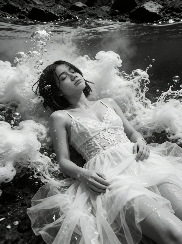 Black and white fine art shot of a peaceful young woman in a lace dress floating underwater surrounded by bubbles and foam.