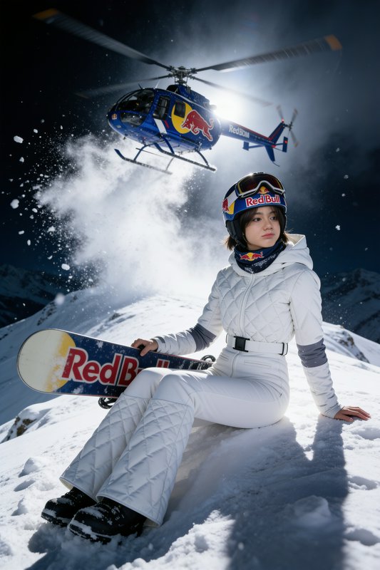 Female pro Red Bull sponsored snowboarder sits on a snowy mountain peak as a branded helicopter h...