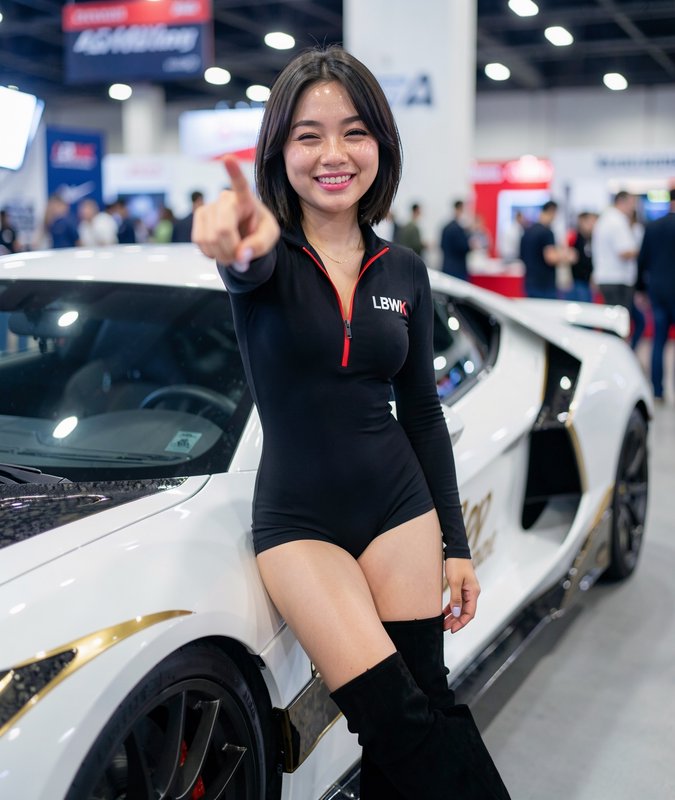 Smiling brand ambassador pointing at the viewer while leaning on a white LBWK modified supercar a...