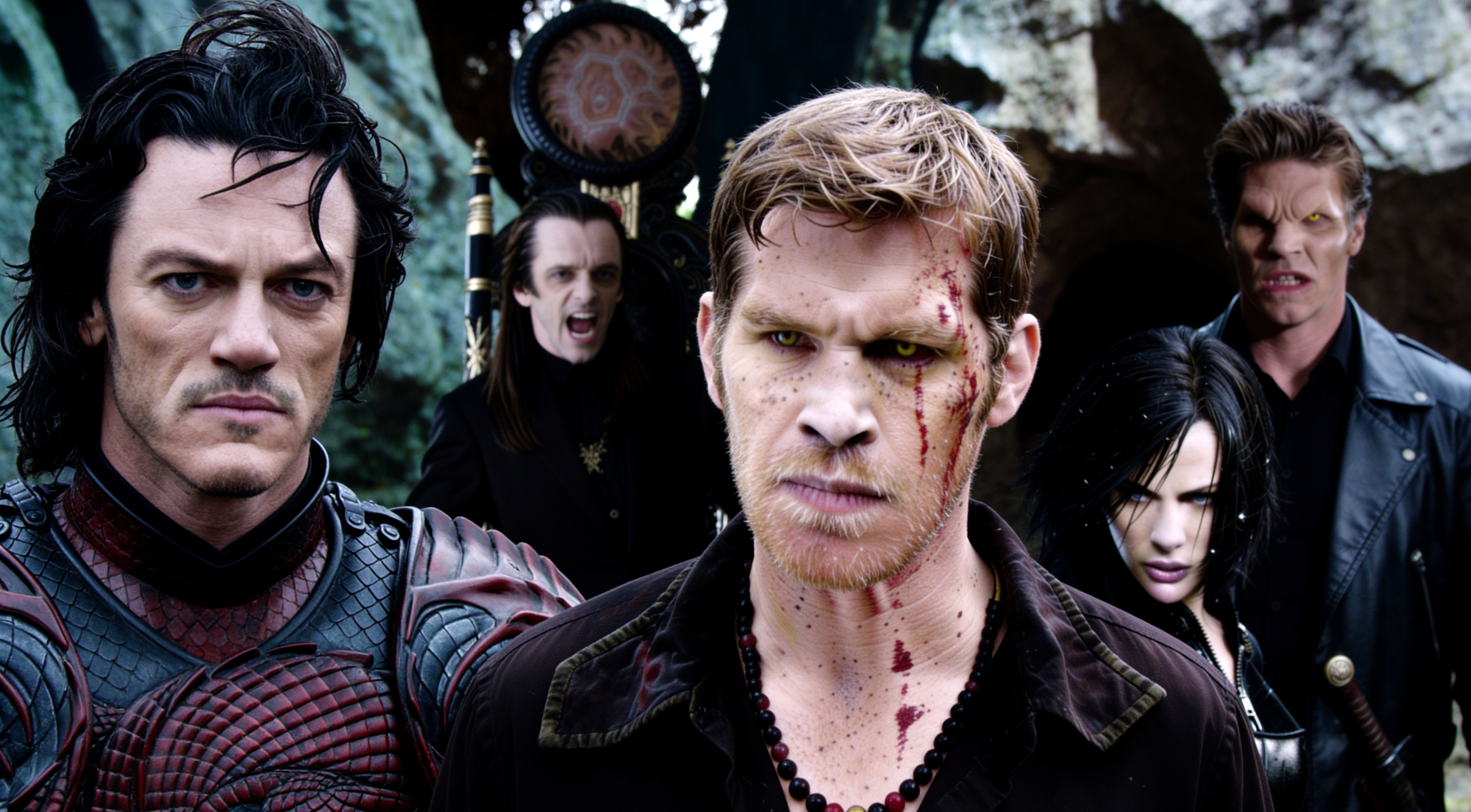 Menacing group of fantasy vampire characters, including a bloodied lead and armored vampire lord, stare intensely from a r...