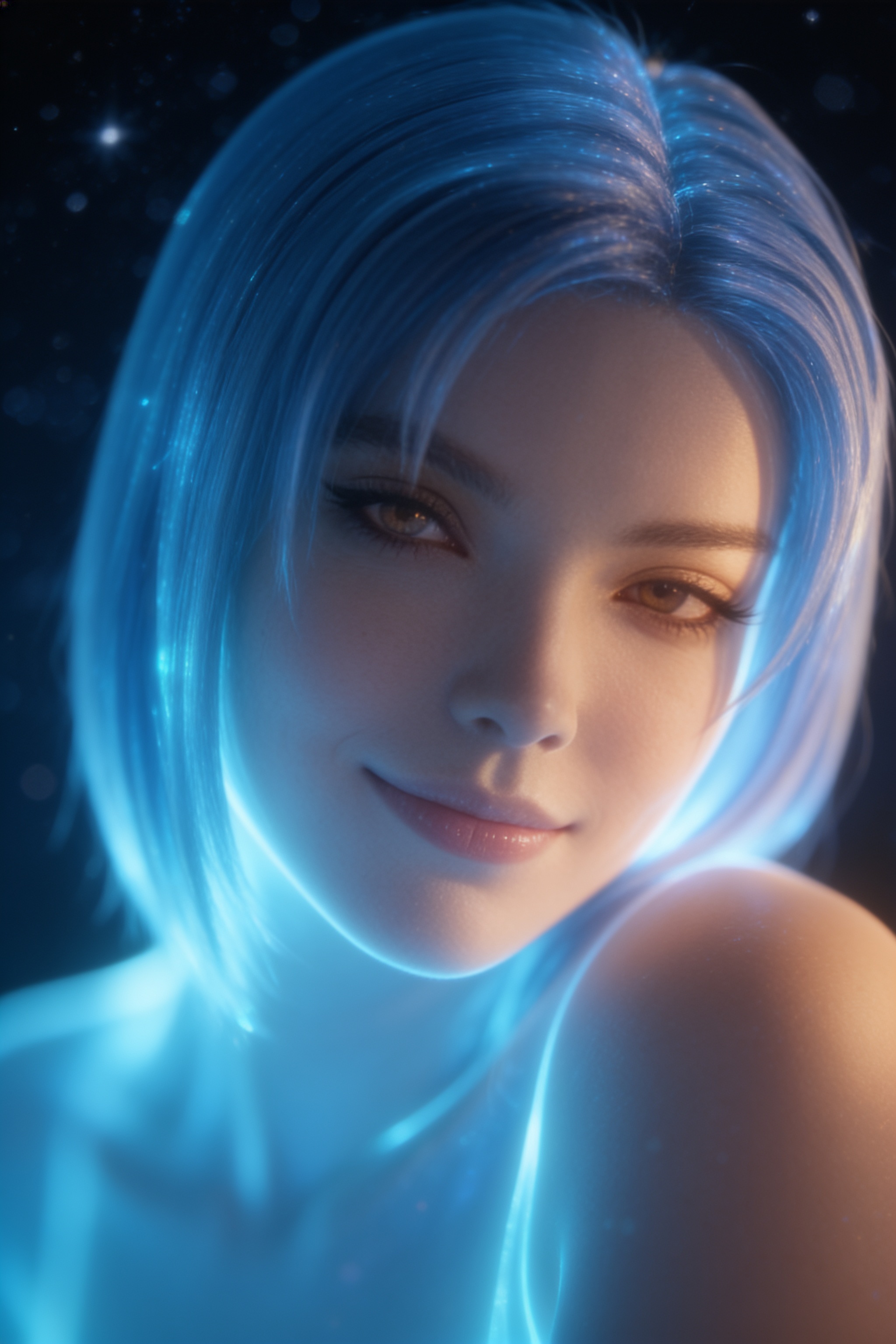 Closeup portrait of a glowing blue-haired fantasy woman with warm amber eyes and soft smile against a dark starry background.